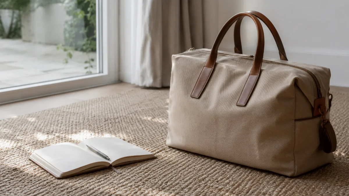 Single carry-on bag by a sunlit doorway