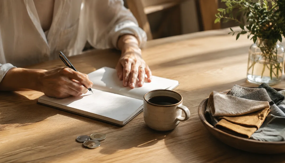 Kitchen table with a plain notebook, a few coins and a cup of coffee