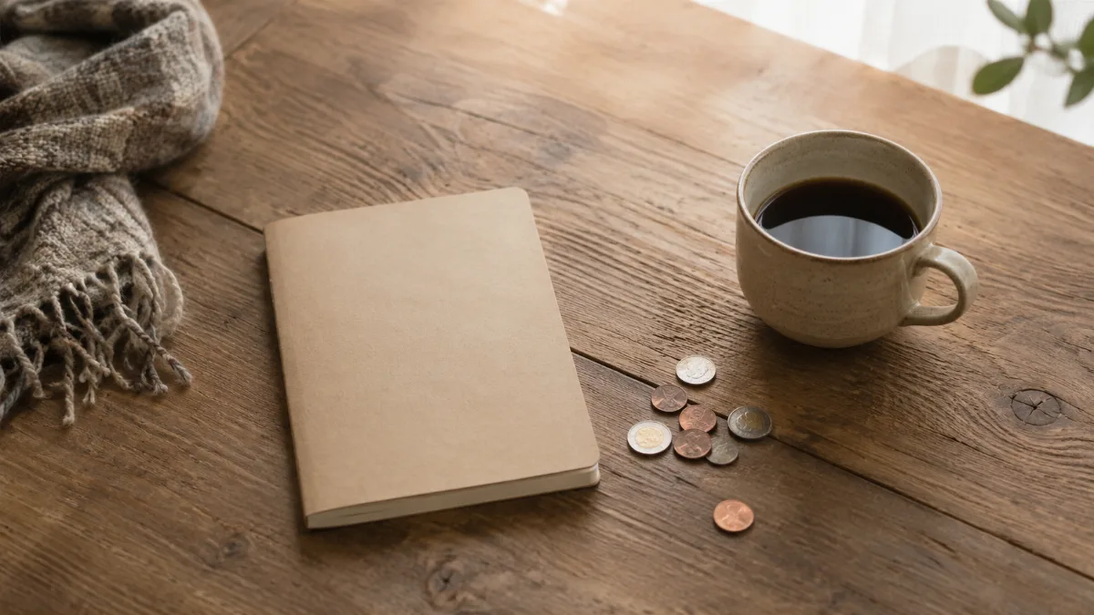 Kitchen table with a plain notebook, coins and a coffee cup
