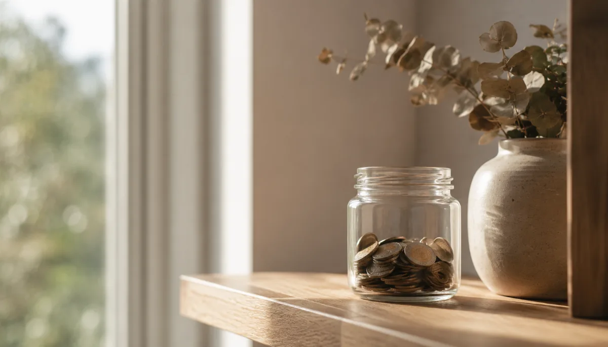 Glass jar of saved coins on a wooden shelf