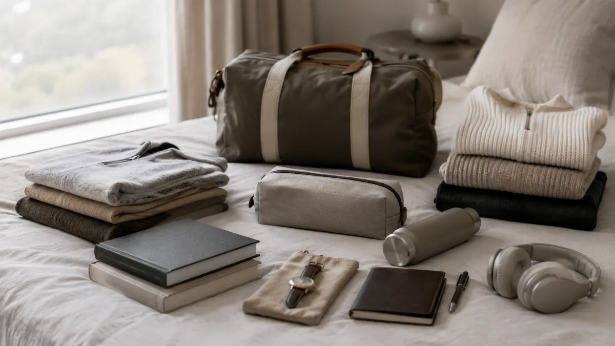 Neatly packed travel essentials laid out on a bed