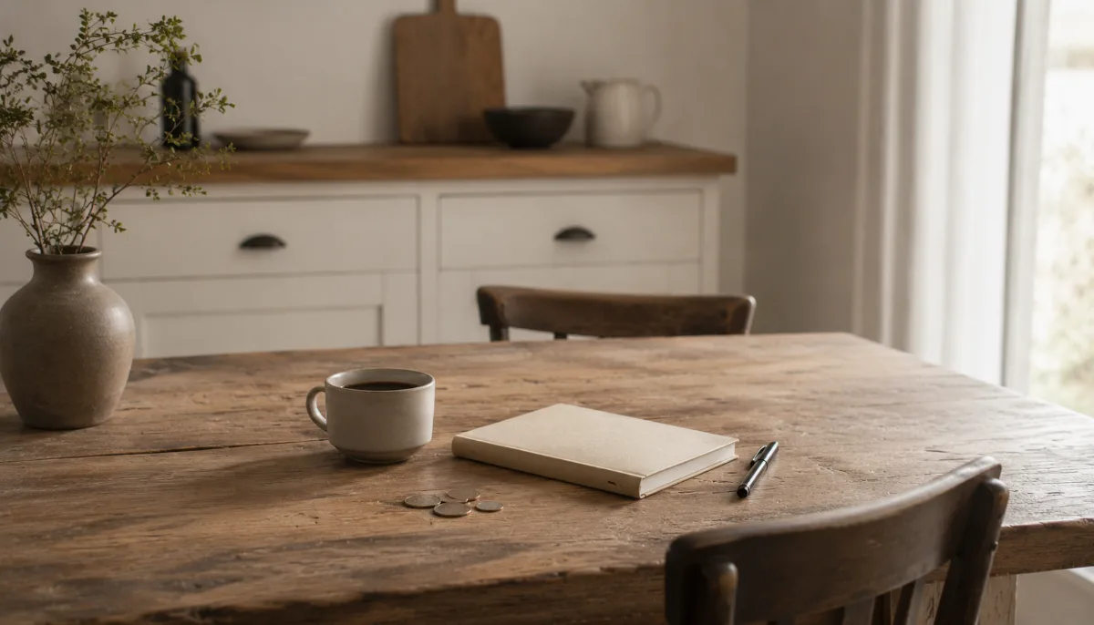 Kitchen table with a plain notebook, a few coins and a cup of coffee
