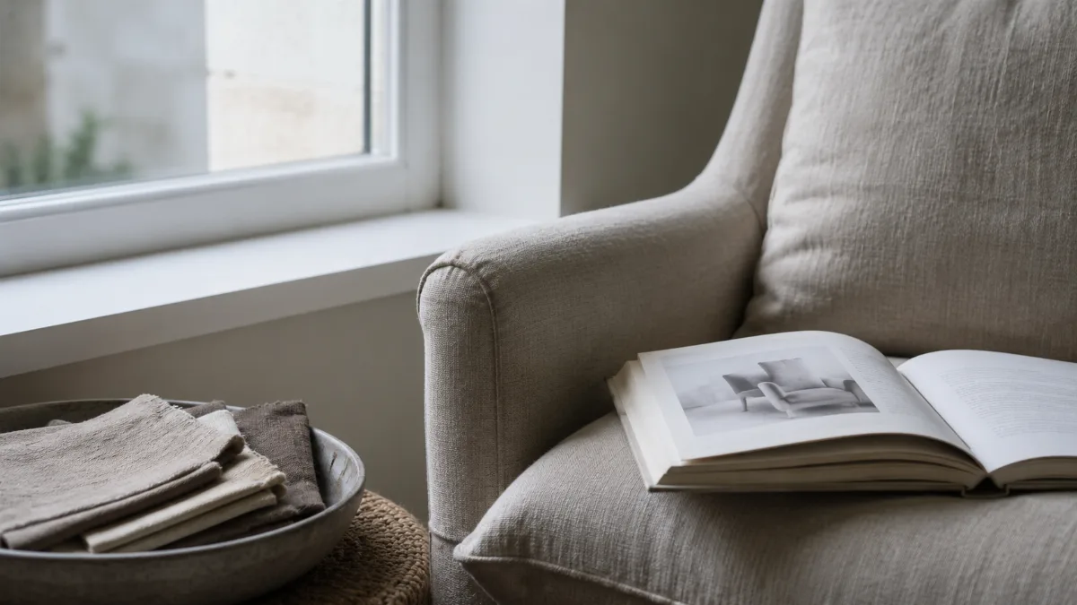 Open book resting on a linen armchair by a window