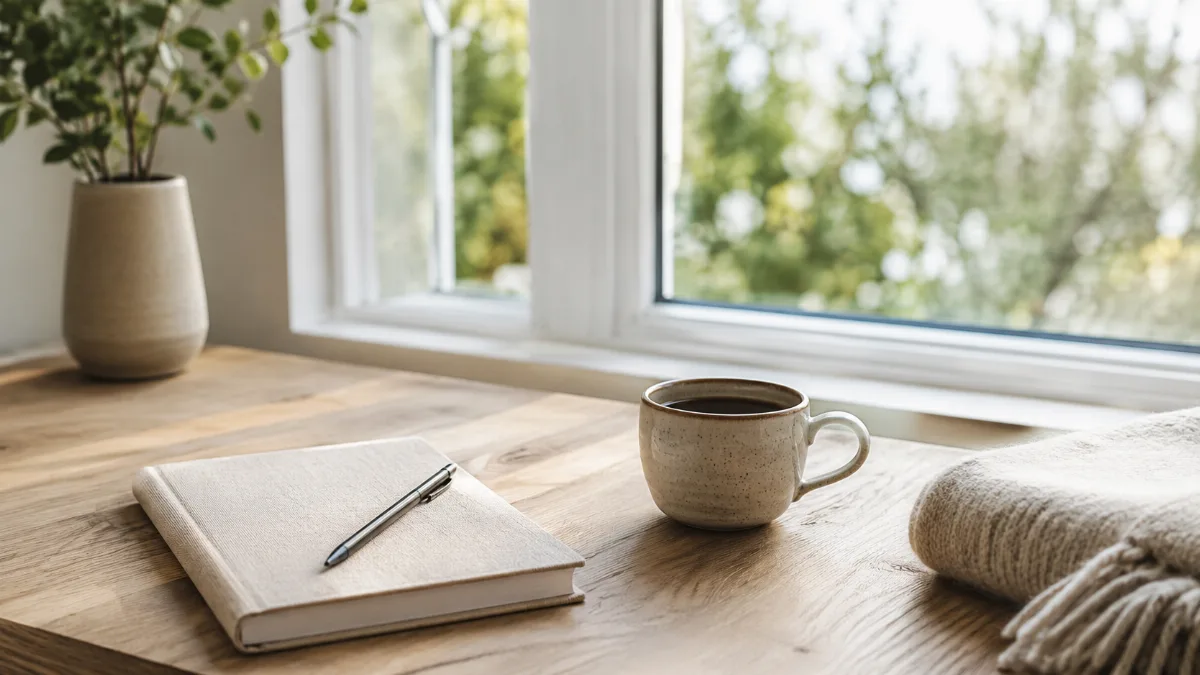 Clean wooden desk by a window with a notebook, pen and a cup of coffee