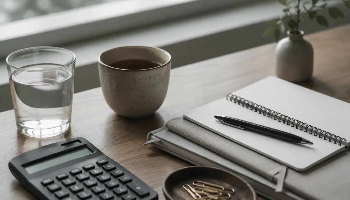 Tidy desk with a calculator, notebook and a cup of tea