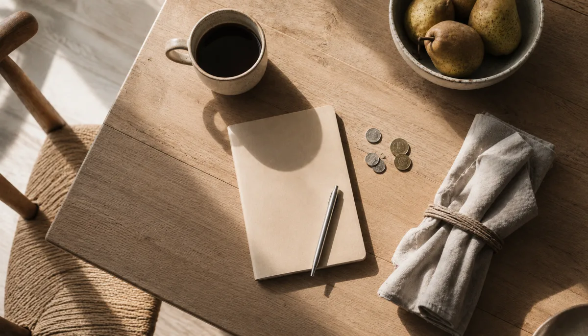 Kitchen table with a plain notebook, a few coins and a cup of coffee