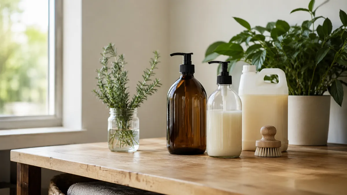 Refillable containers and a leafy plant on a wooden counter