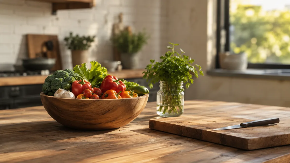 Wooden bowl of vegetables beside a chopping board