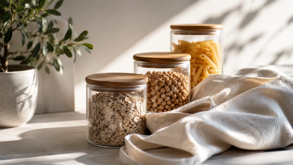 Reusable jars and a cloth bag with a small potted plant