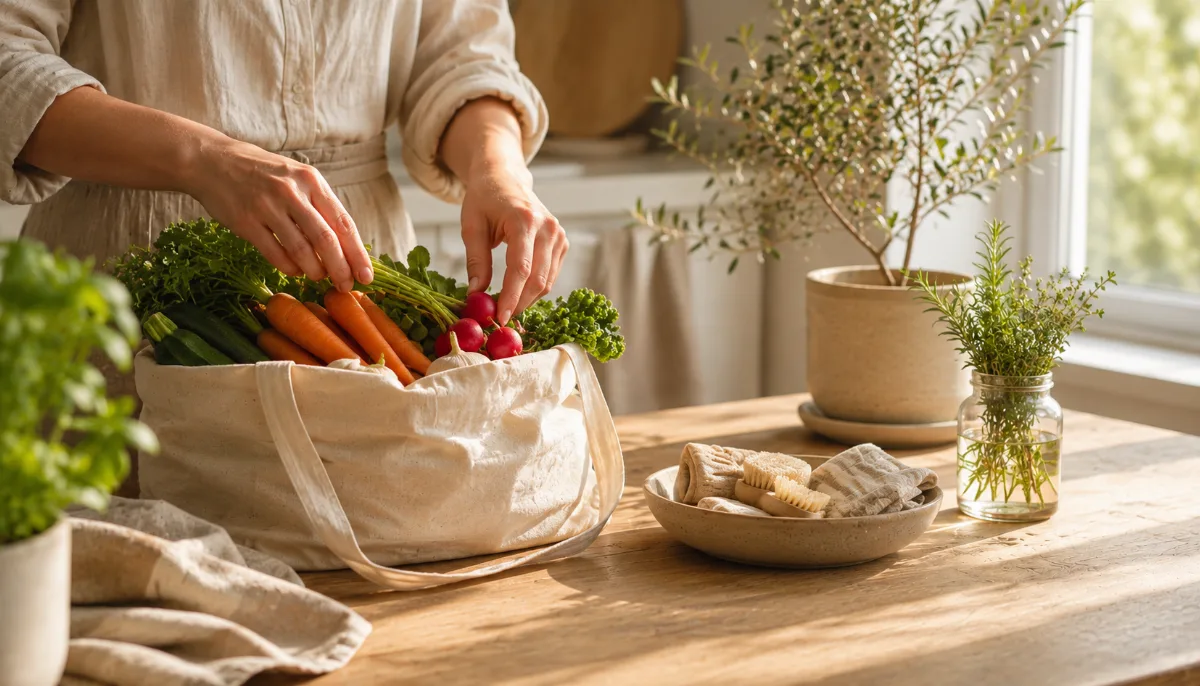 Cloth produce bag of vegetables in soft light