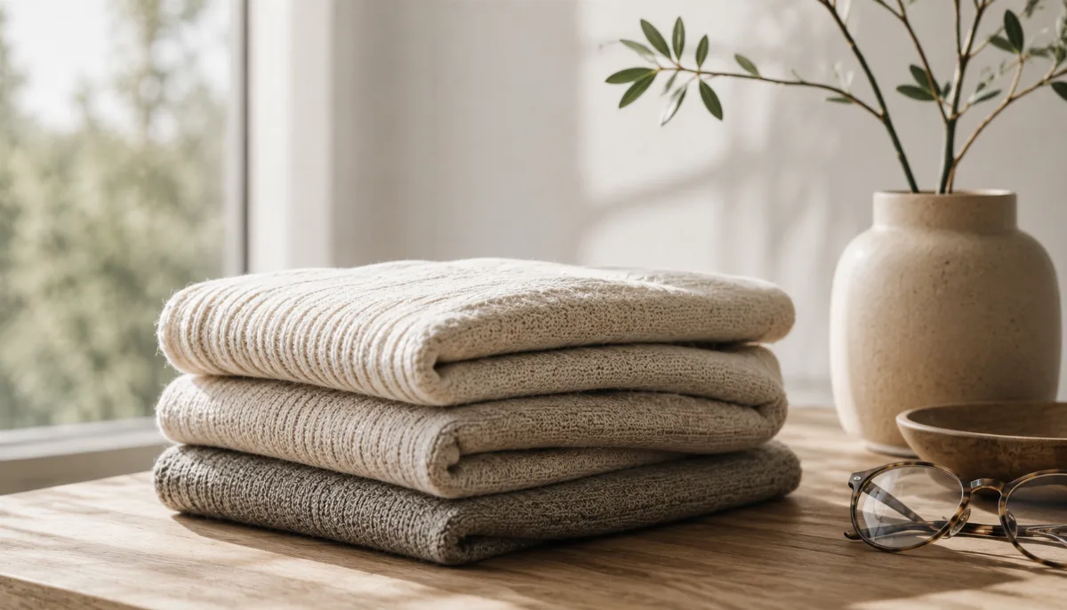 Tonal still arrangement of neutral textiles in three soft hues