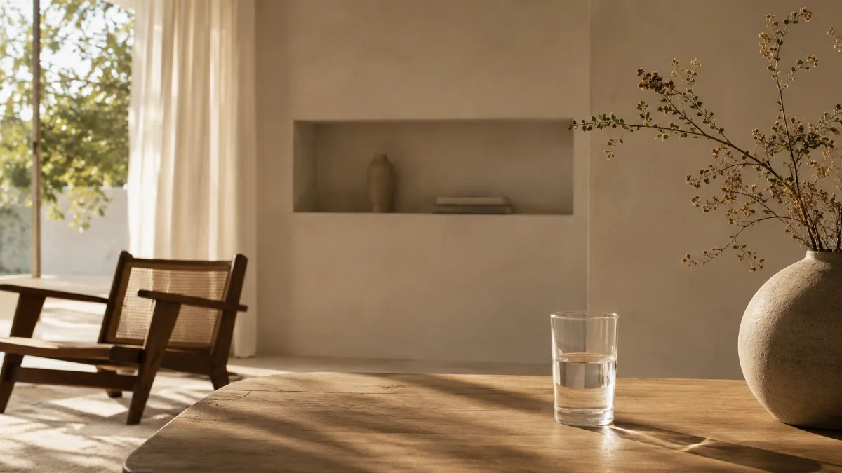 Serene styled vignette with neutral tones and soft daylight