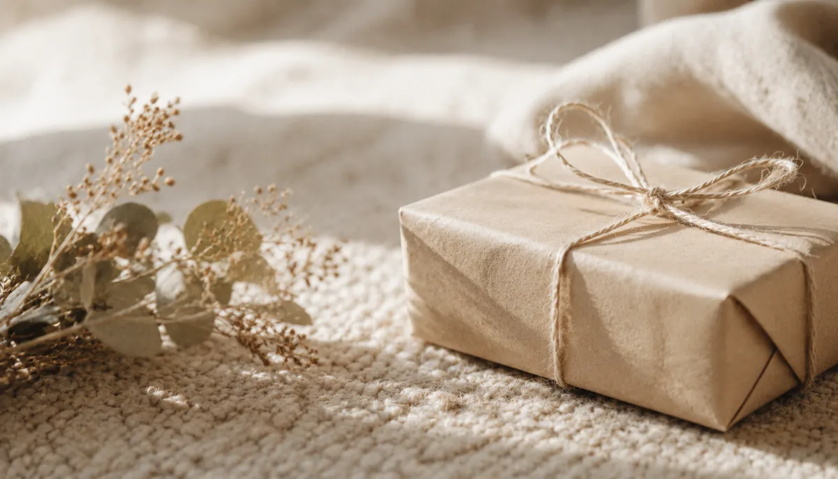 Single wrapped parcel tied with string beside dried foliage