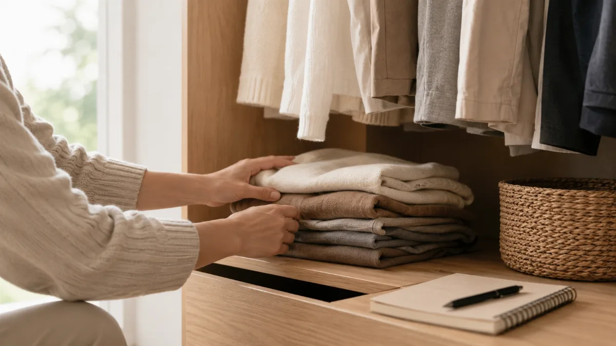 Organized open wardrobe with a small curated set of folded clothes
