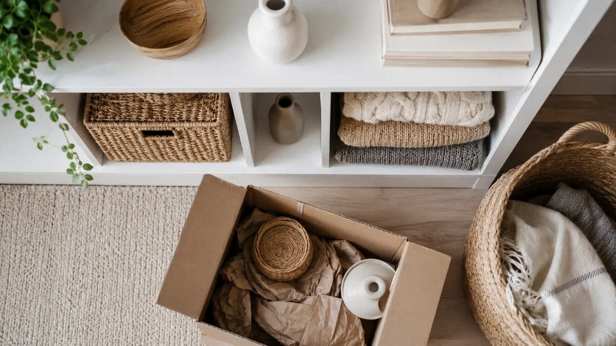 Tidy shelf mid-organization with a few items set aside in a box