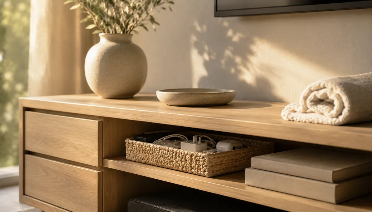 Tidy media console with charging cables tucked into a small woven basket