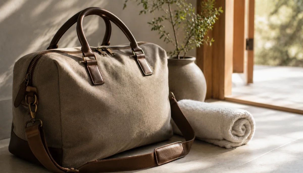 Single carry-on bag by a sunlit doorway