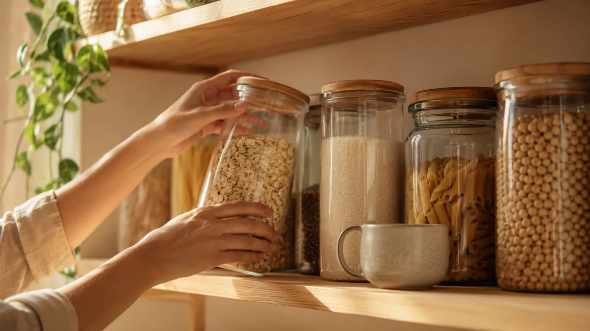 Minimalist pantry shelf with glass jars of staples