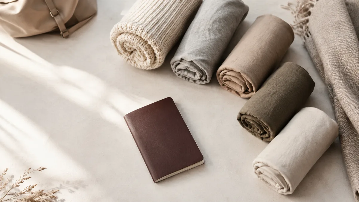 Rolled clothes and a passport arranged on a clean surface