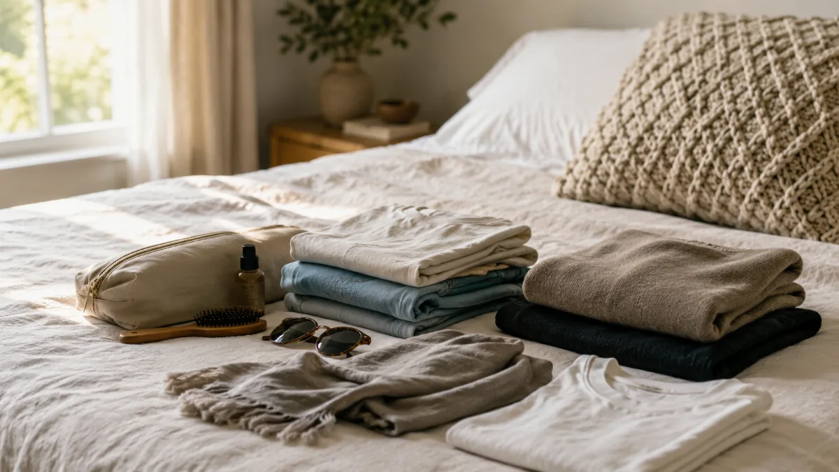 Neatly packed travel essentials laid out on a bed