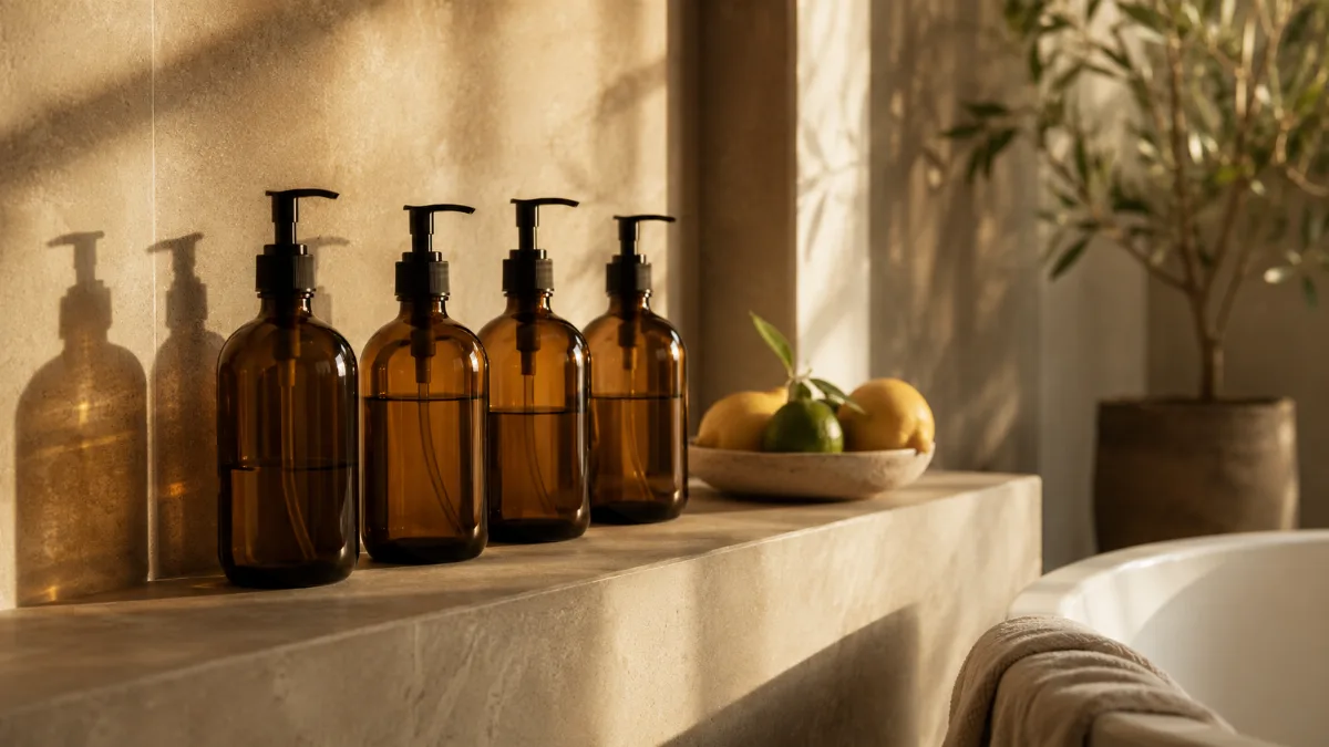 Refillable bottles lined neatly on a bathroom ledge
