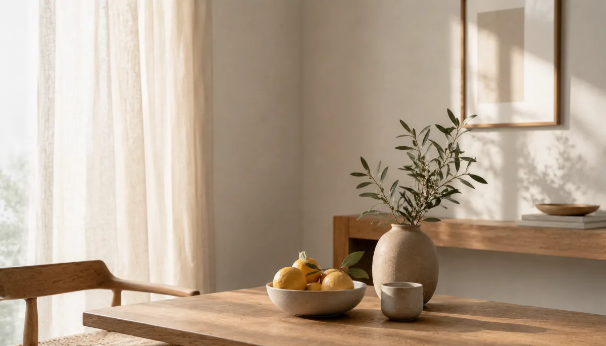 Calm minimalist interior with natural light and a few simple objects