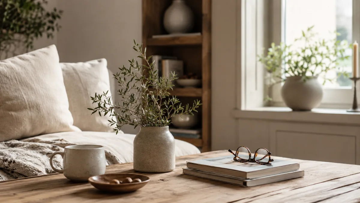 Serene styled vignette with neutral tones and soft daylight