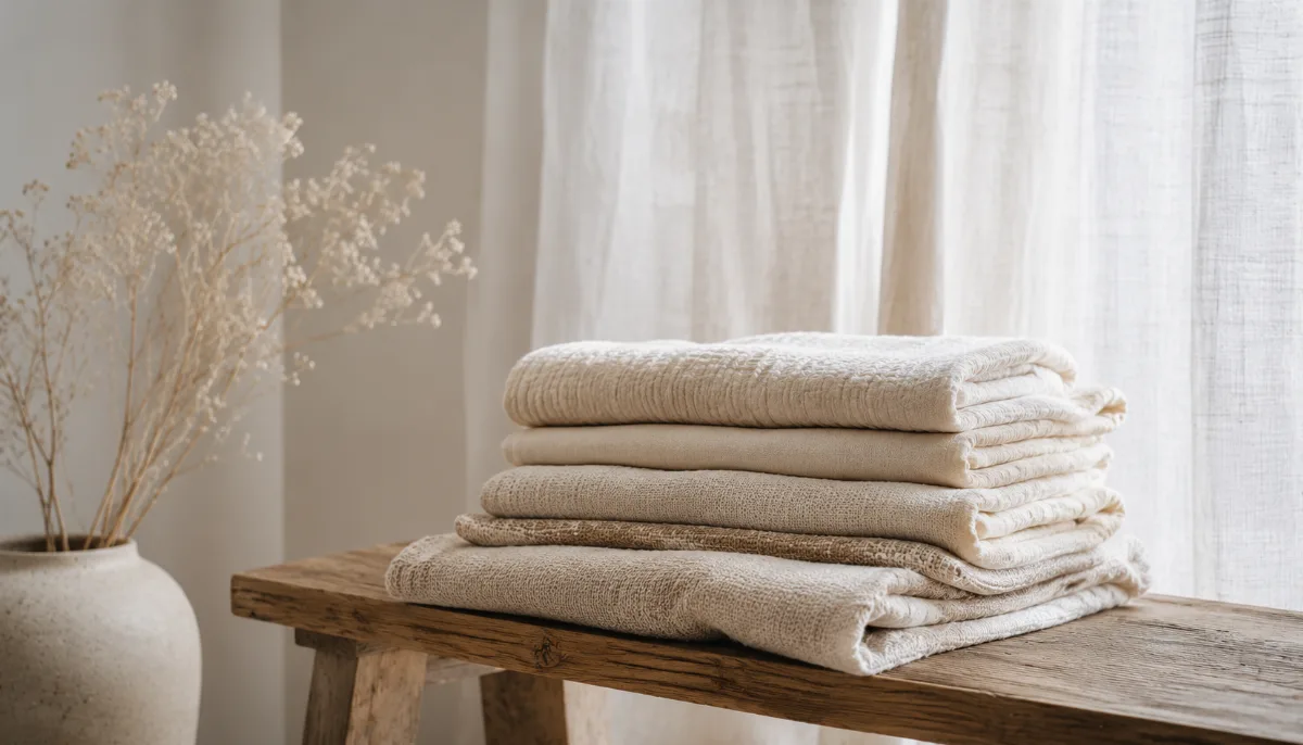 Layered beige and oatmeal fabrics folded on a bench