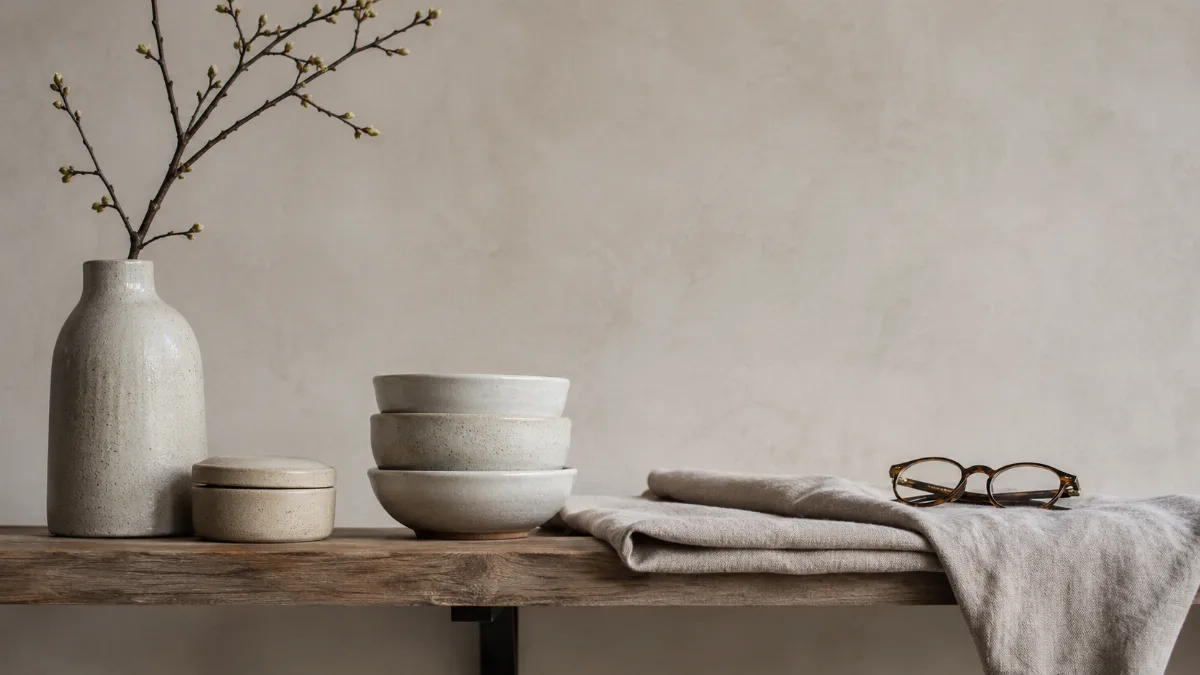 Muted palette of stoneware and linen on a wooden shelf