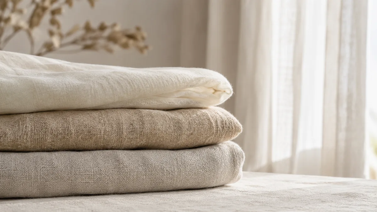 Tonal still arrangement of neutral textiles in three soft hues
