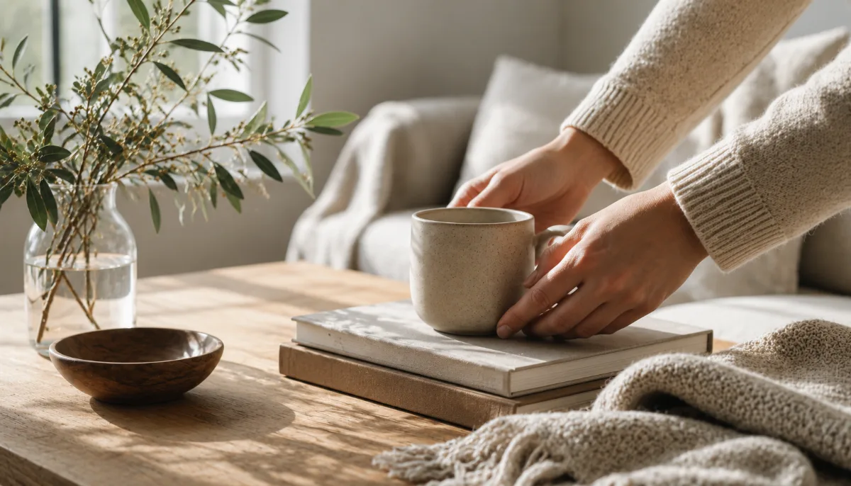 Calm minimalist interior with natural light and a few simple objects