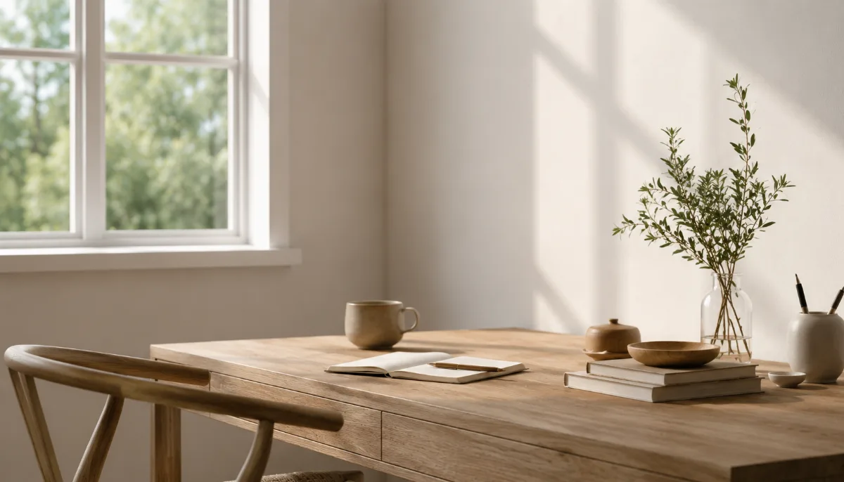 Uncluttered writing desk bathed in soft daylight