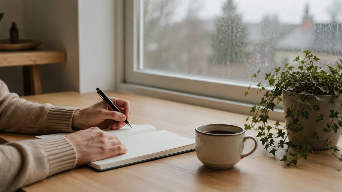 Clean wooden desk by a window with a notebook, pen and a cup of coffee