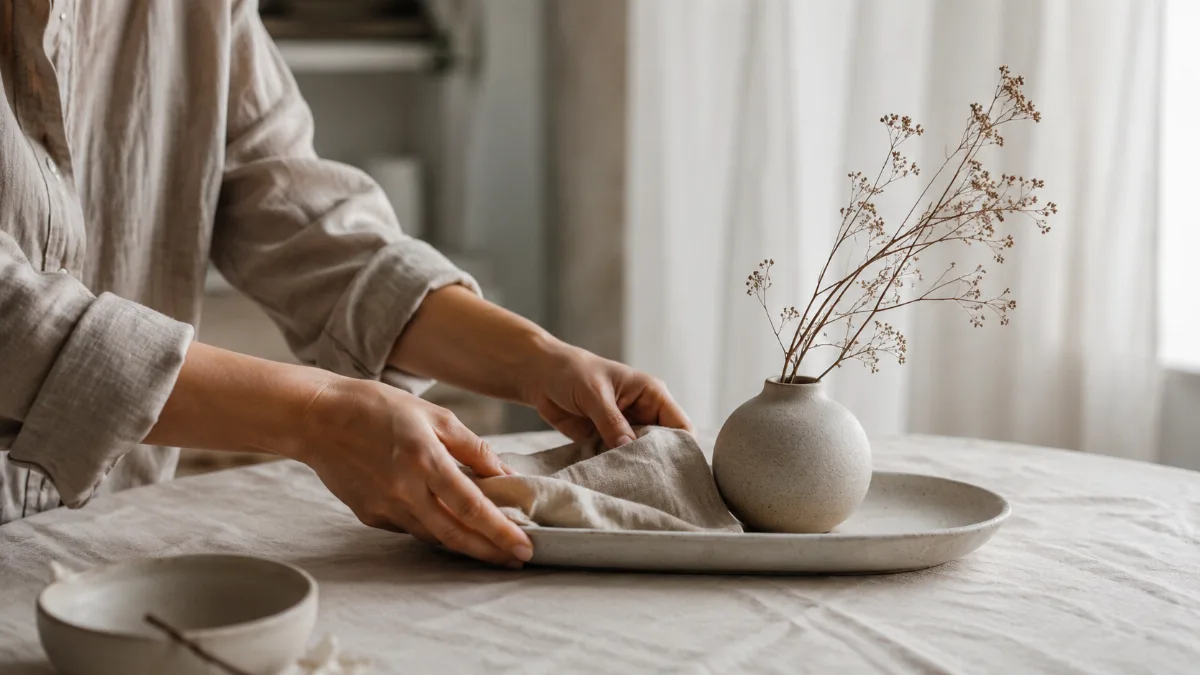 Serene styled vignette with neutral tones and soft daylight