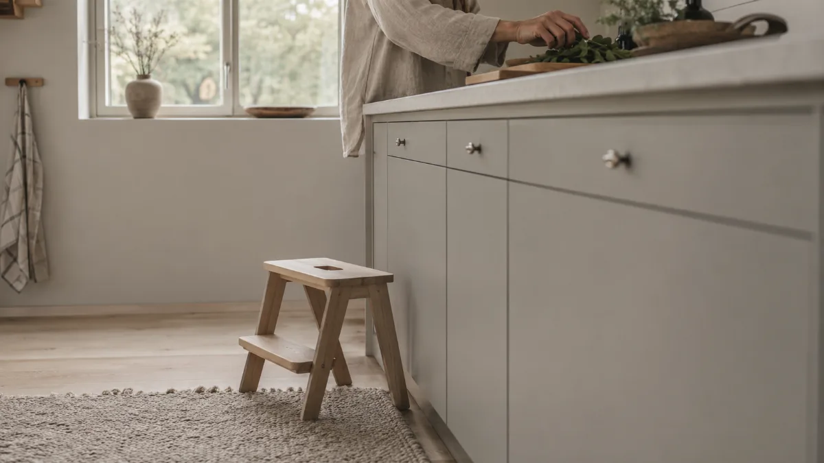 Calm family kitchen corner with a small step stool
