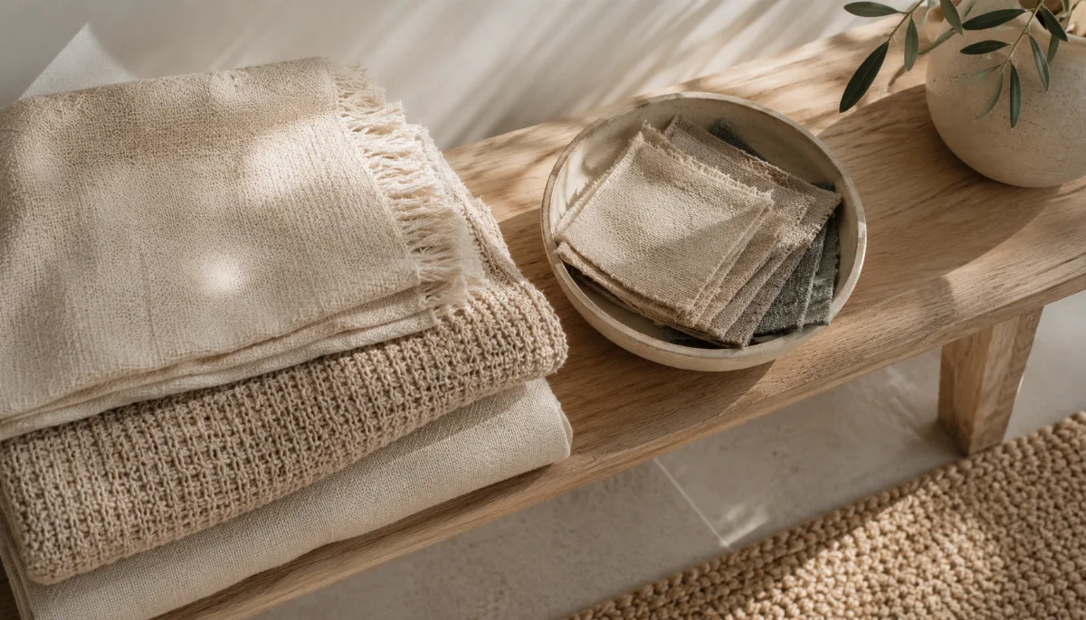 Layered beige and oatmeal fabrics folded on a bench