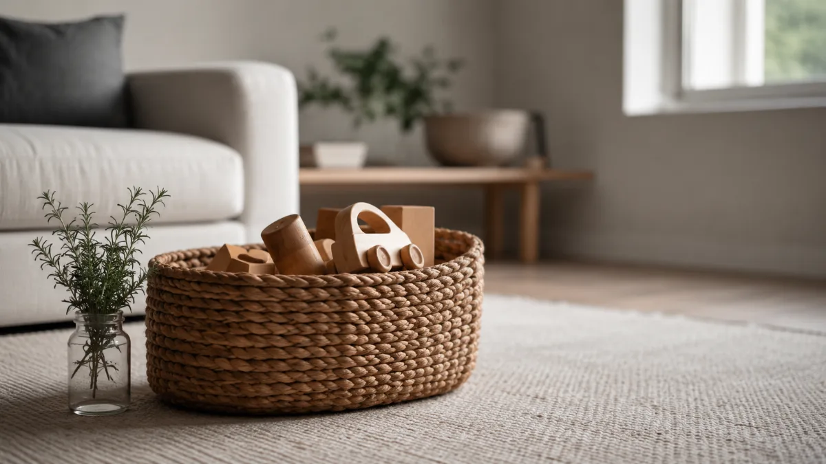 Tidy family room with a basket of wooden toys