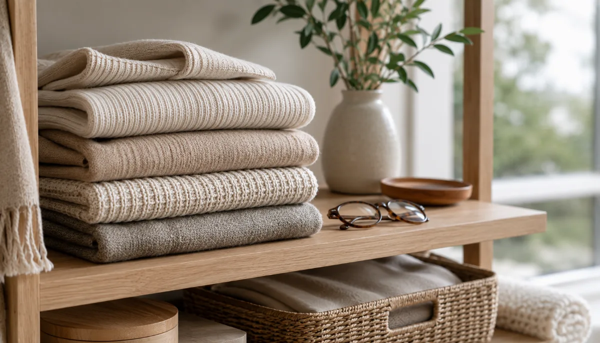 Folded sweaters stacked neatly on an open shelf