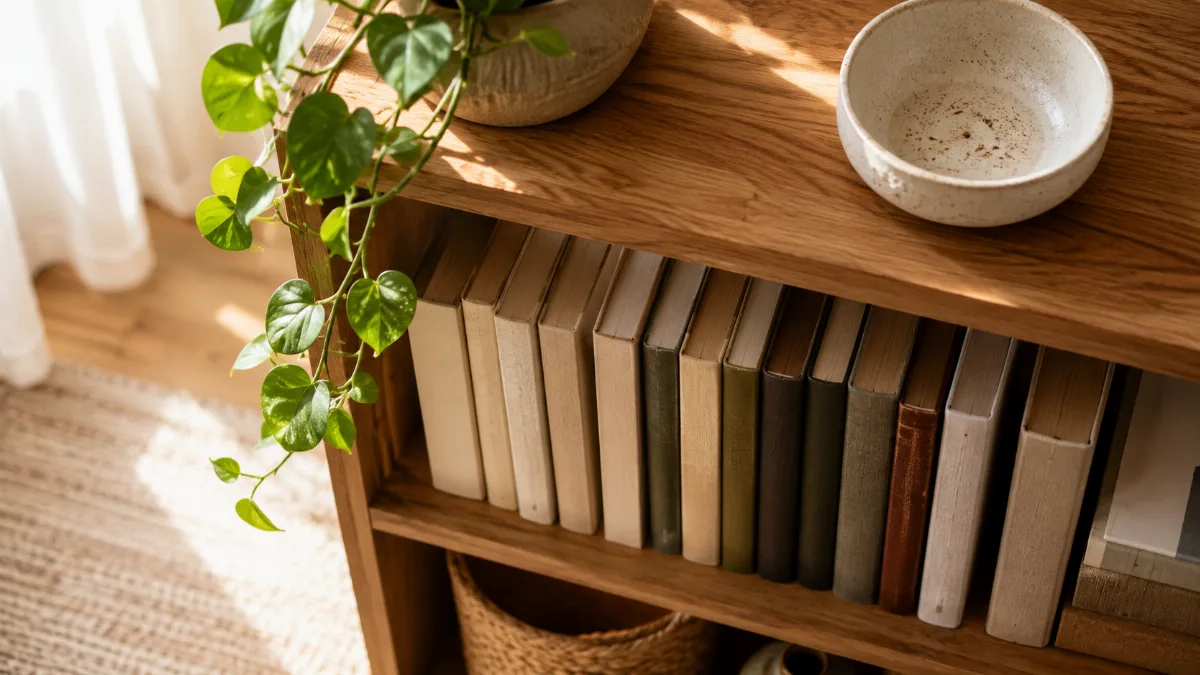 Tidy bookshelf with a few spines and a trailing plant