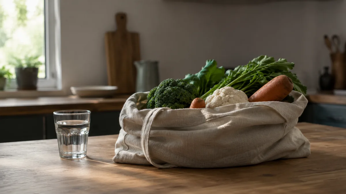 Cloth produce bag of vegetables on a wooden kitchen counter