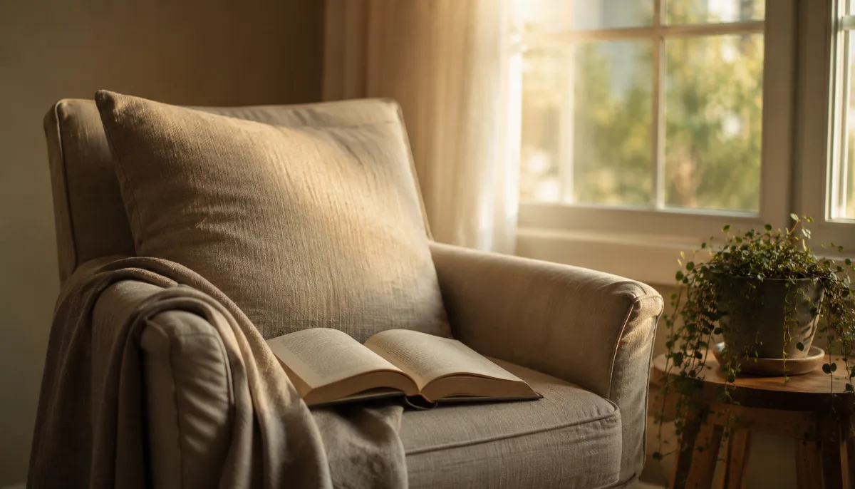 Open book resting on a linen armchair by a window