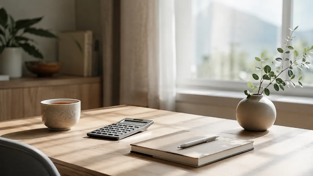 Tidy desk with a calculator, notebook and a cup of tea