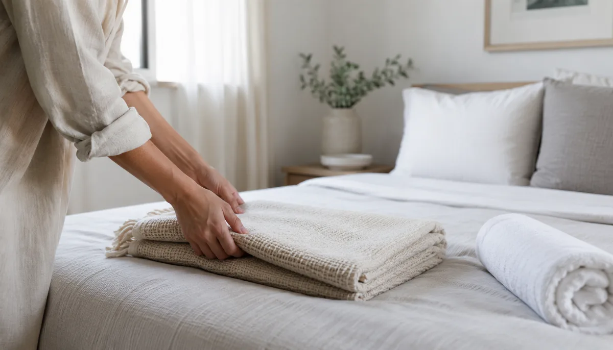 Serene bedroom corner with a soft throw folded at the foot of the bed