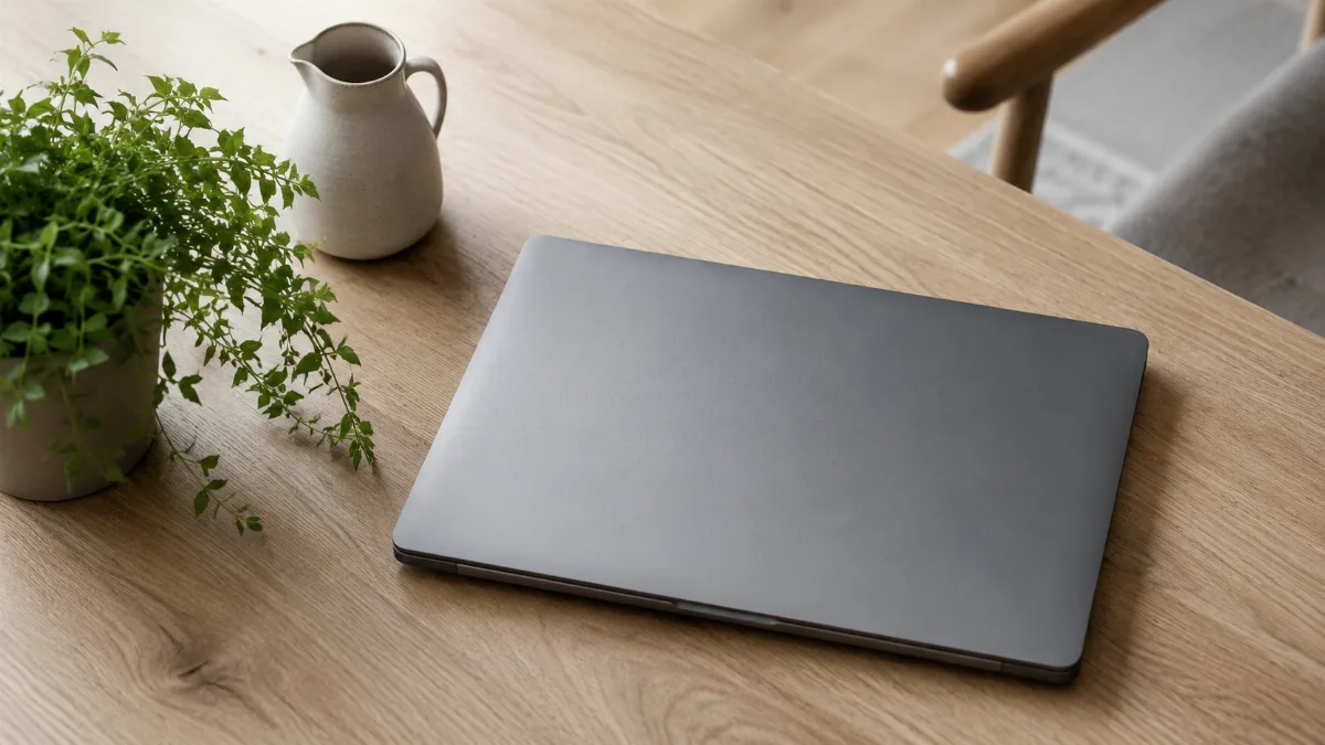 Tidy home-office corner with a laptop closed and a small plant
