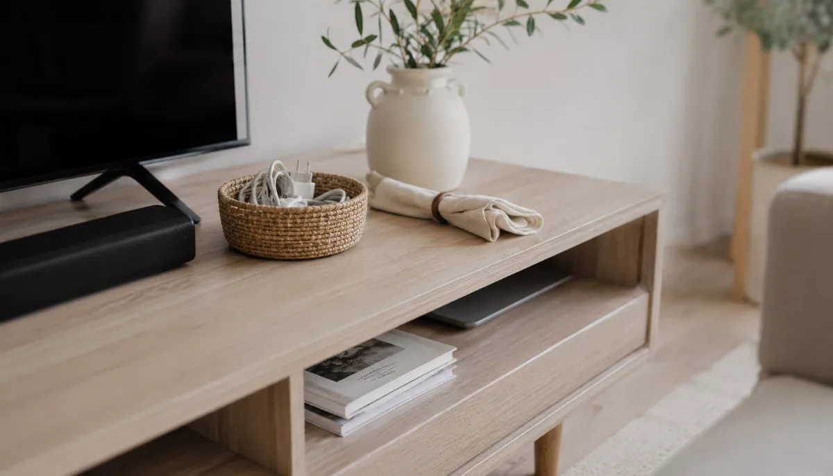 Tidy media console with charging cables tucked into a small woven basket