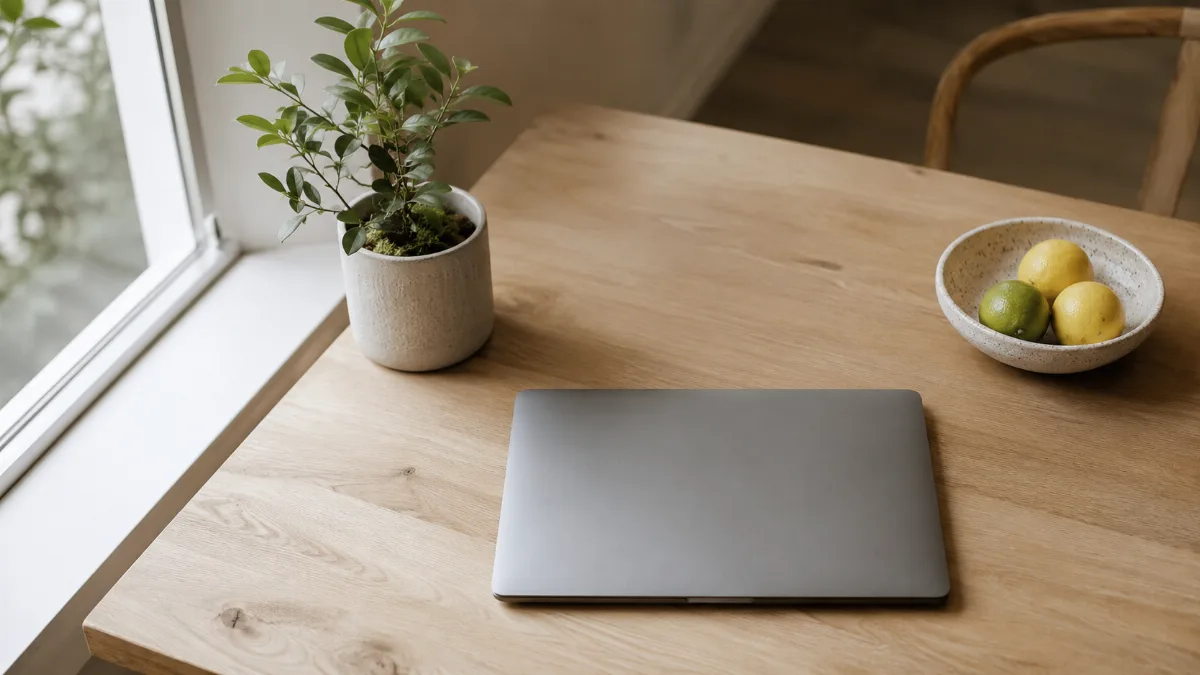 Tidy home-office corner with a laptop closed and a small plant