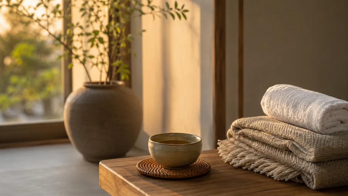 Calm evening corner with tea and a folded blanket