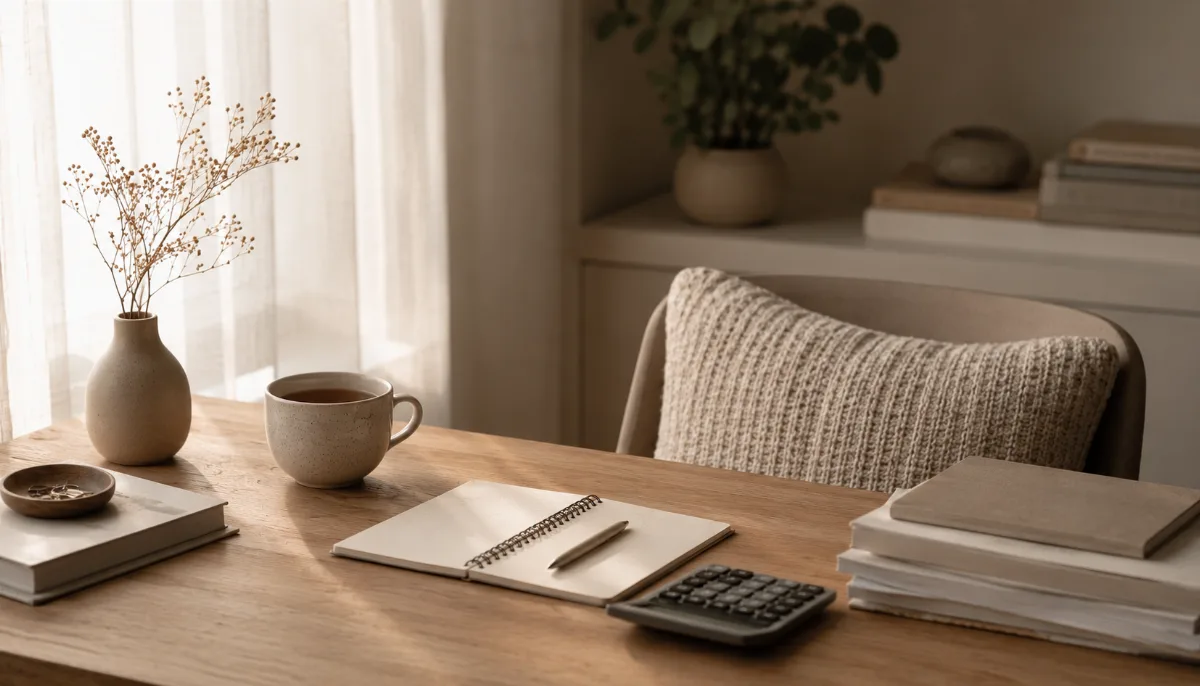 Tidy desk with a calculator, notebook and a cup of tea