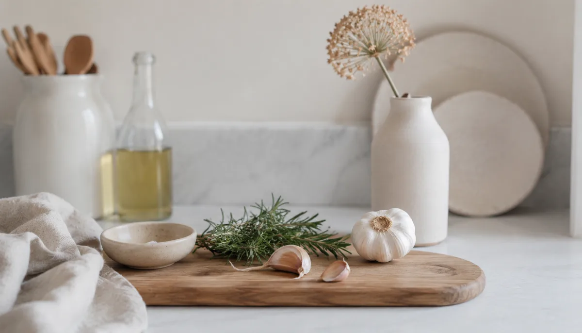 Calm kitchen counter with fresh simple ingredients on a wooden board