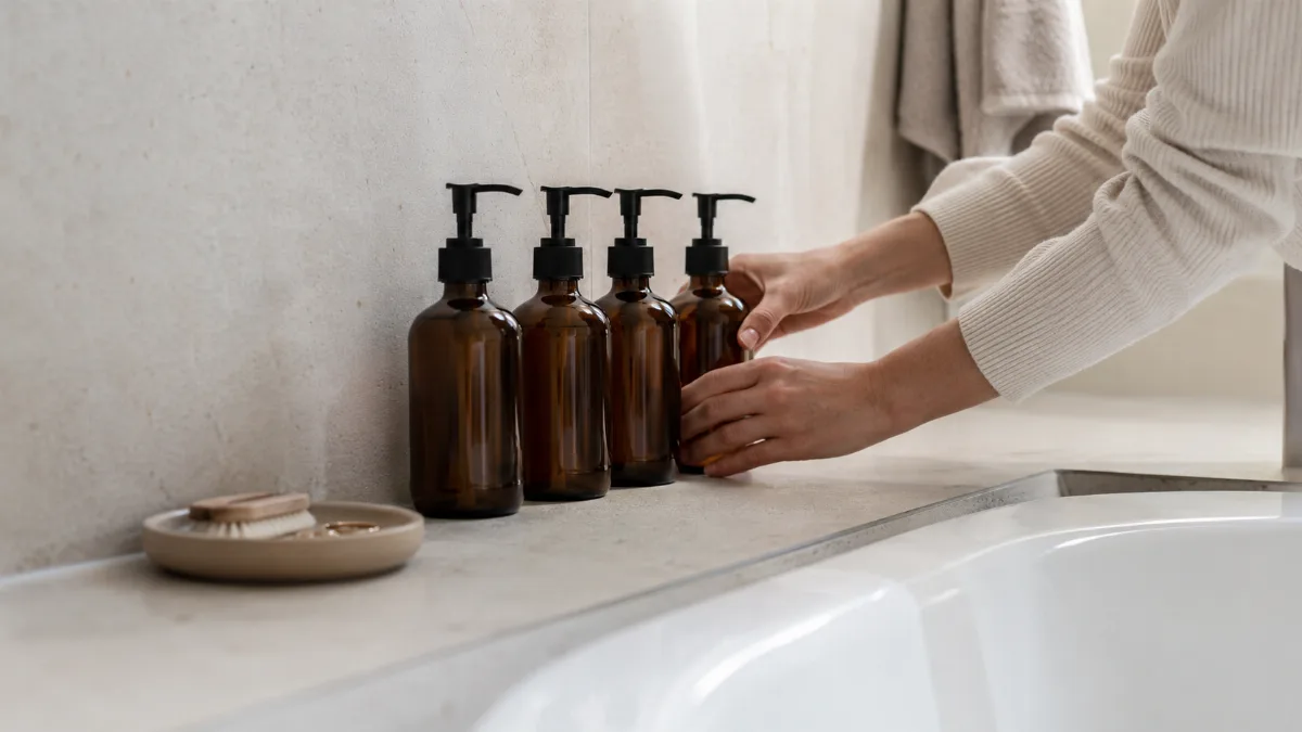 Refillable bottles lined neatly on a bathroom ledge